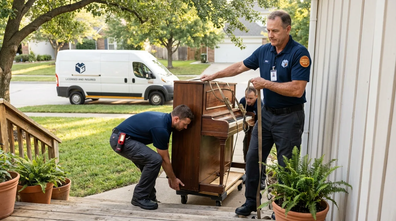 Licensed piano movers securing grand piano in Charleston, MO