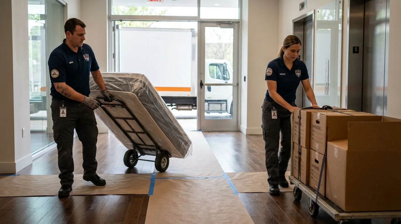 Professional apartment movers loading elevator in Charleston, MO
